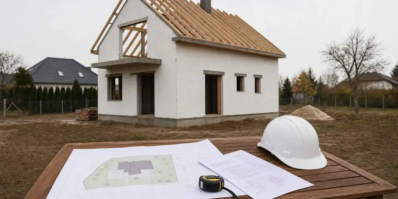 Na stole leżą plany i biały kask, obok budowa domu. Czy to będą domy bez pozwolenia, czy legalna inwestycja?