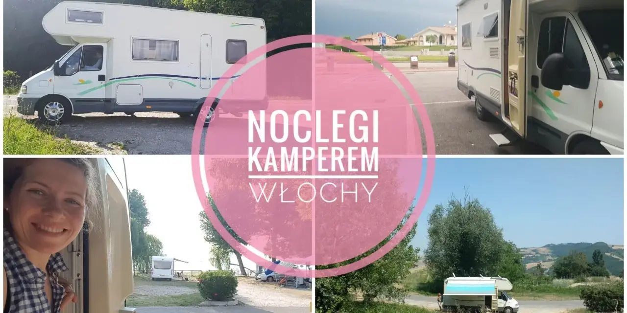 Uśmiechnięta kobieta wychyla się z kampera. Widok na różne miejsca postojowe dla kamperów we Włoszech.