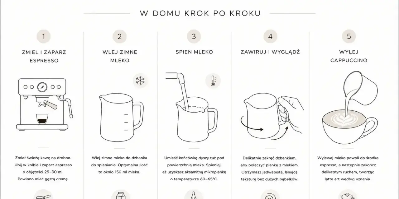 Jak zrobić cappuccino krok po kroku: zmiel kawę, spień mleko, połącz je z espresso, a na koniec stwórz latte art.