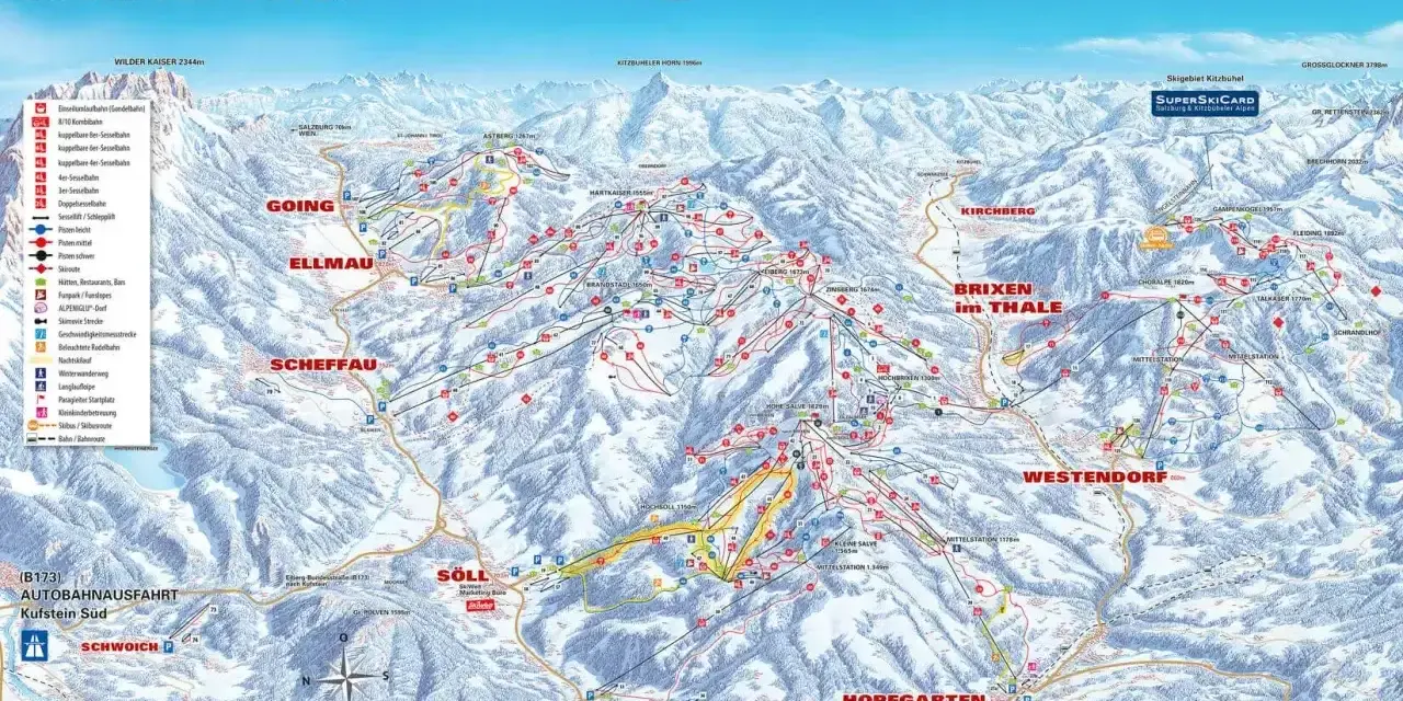 Narty Austria blisko Polski: mapa SkiWelt Wilder Kaiser Brixental z trasami, wyciągami i chatkami. Idealne miejsce na zimowy wypoczynek.