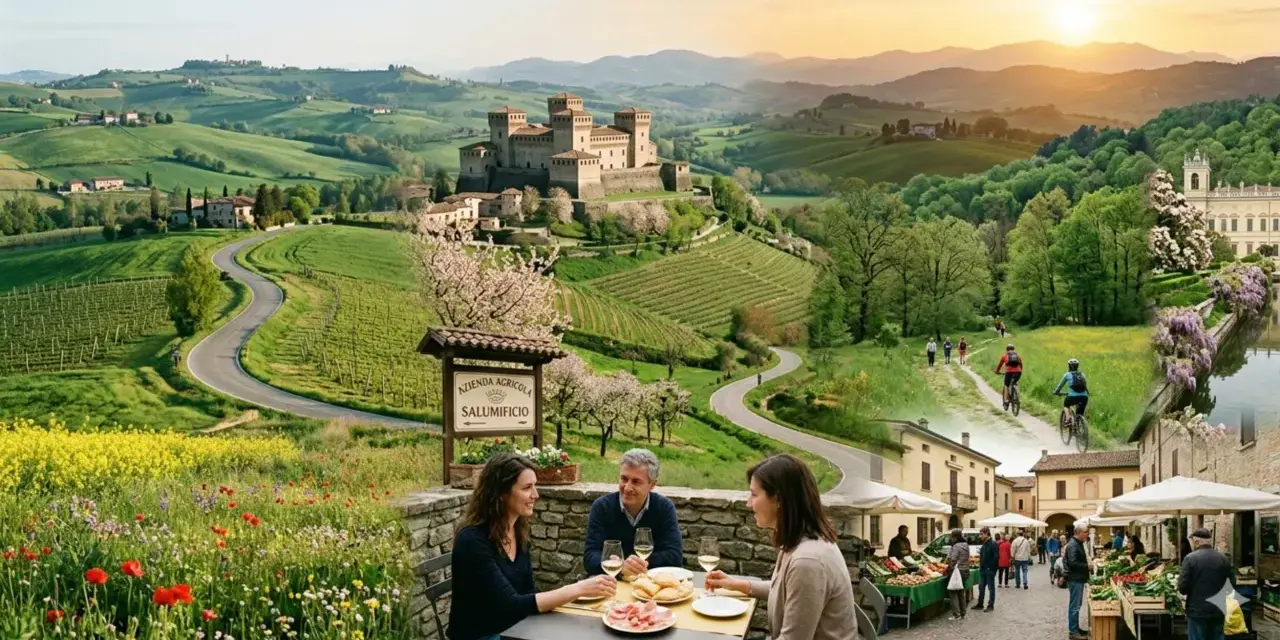 Scenic Italian countryside with a castle, vineyards, and people enjoying food and cycling, perfect for day trips from Parma, Italy.