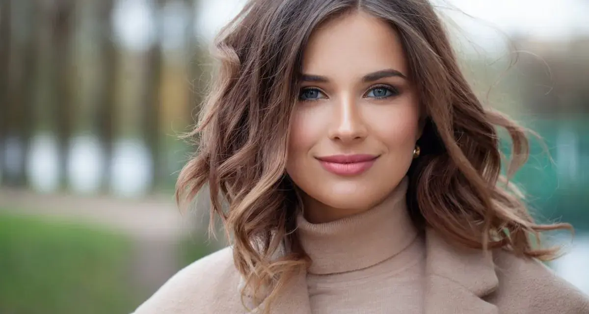 Kobieta z falowanymi włosami w stylu long bob, w beżowym płaszczu i golfie, uśmiecha się delikatnie.