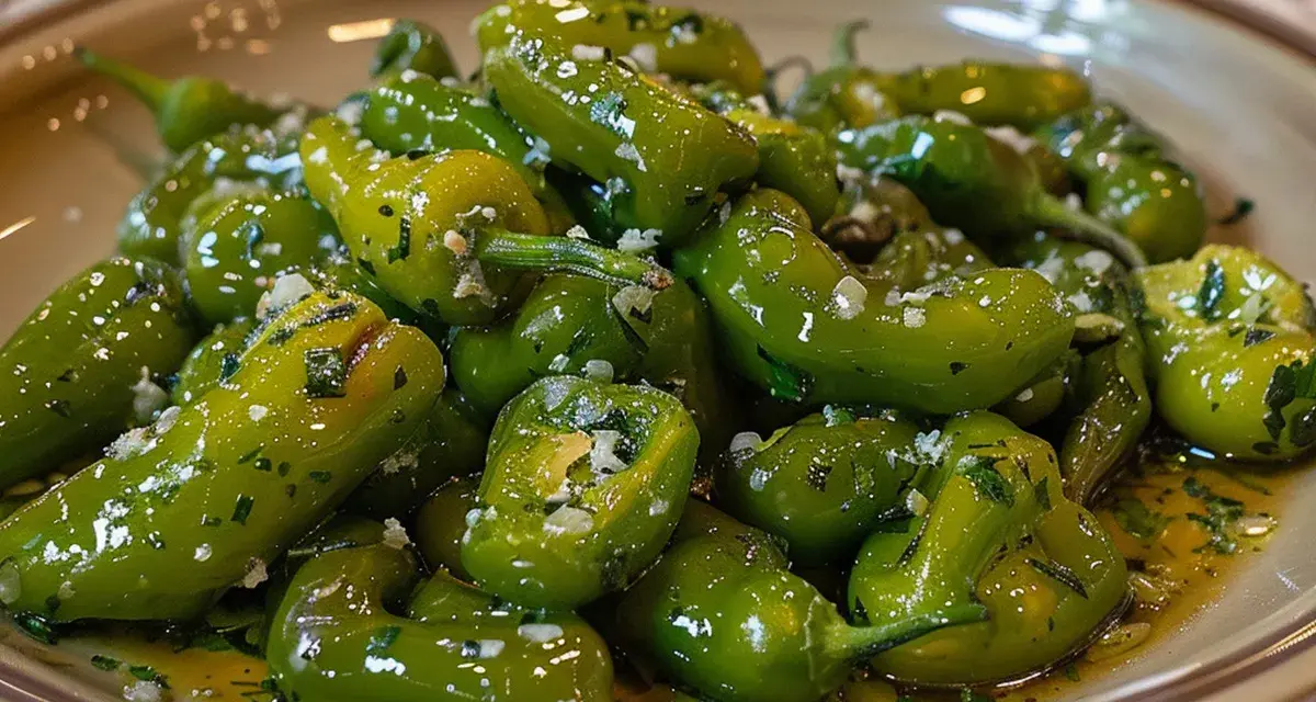 Pimientos verdes fritos con ajo y perejil, listos para disfrutar. Una delicia fácil de preparar.
