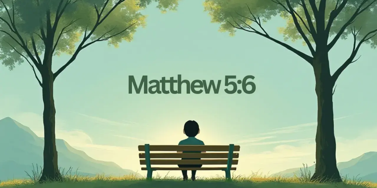 A lone figure sits on a bench under two trees, gazing at mountains. Text reads "Matthew 5:6," reminding us, "Blessed are those who hunger and thirst for righteousness.