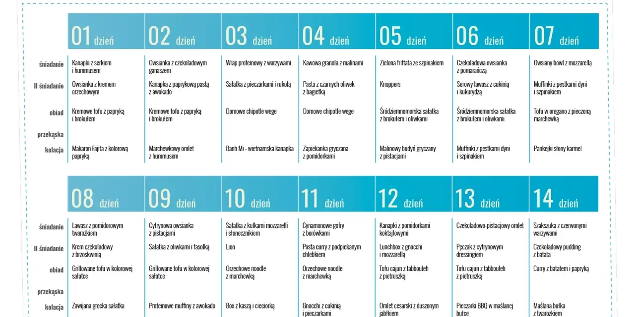 Plan tygodniowy na 10 dni. Dieta białkowa z propozycjami posiłków na śniadanie, II śniadanie, obiad, przekąskę i kolację.