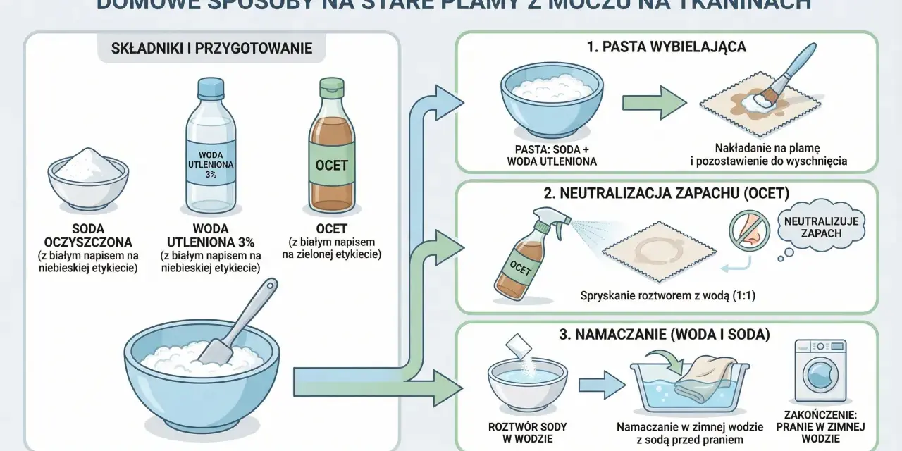 Domowe sposoby na plamy z moczu: pasta z sody i wody utlenionej, neutralizacja octem, namaczanie w wodzie z sodą.