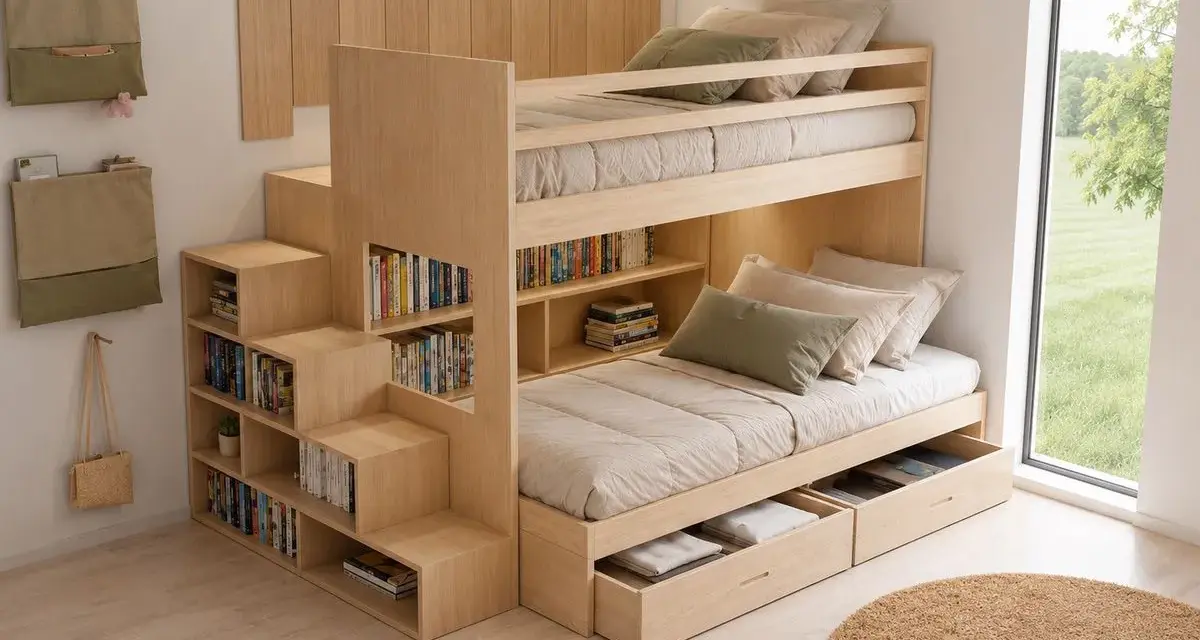 Soluzione salvaspazio per arredare cameretta 6 mq: letto a castello in legno con scalini contenitore e libreria integrata.