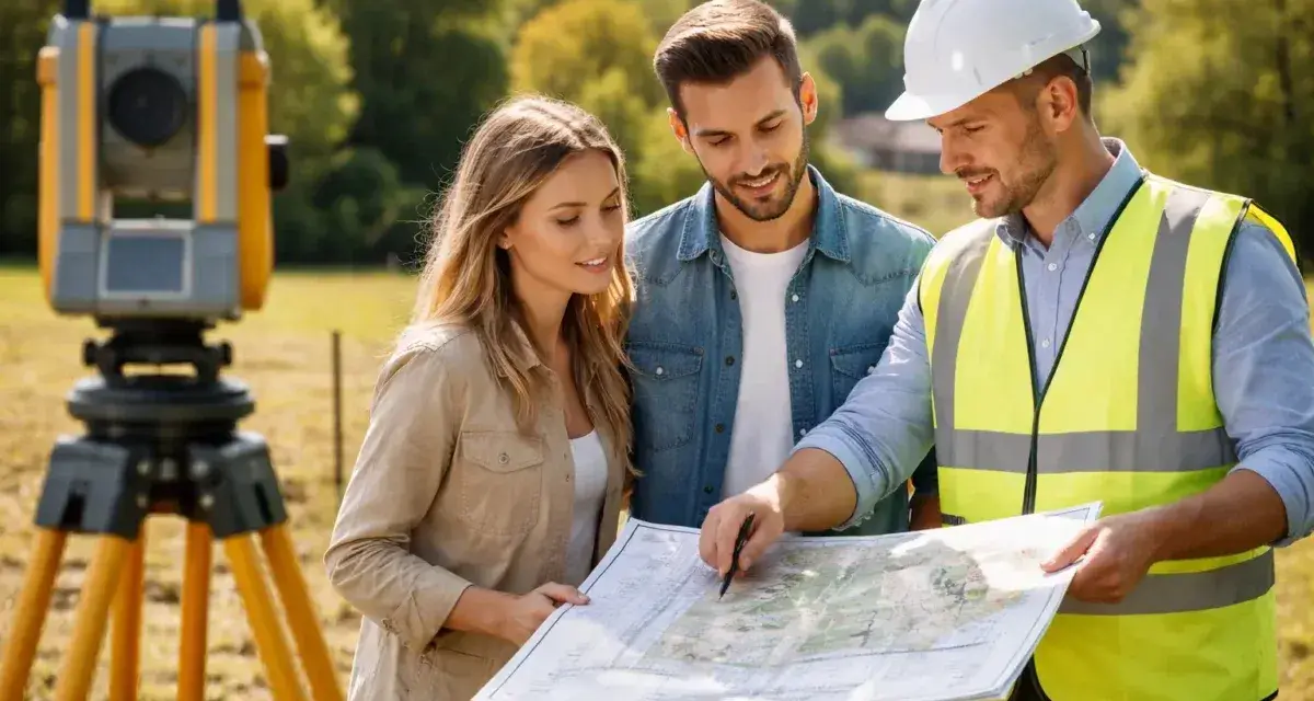 Geodeta w kamizelce i kasku omawia z parą mapę. W tle tachimetr, element państwowego zasobu geodezyjnego i kartograficznego.