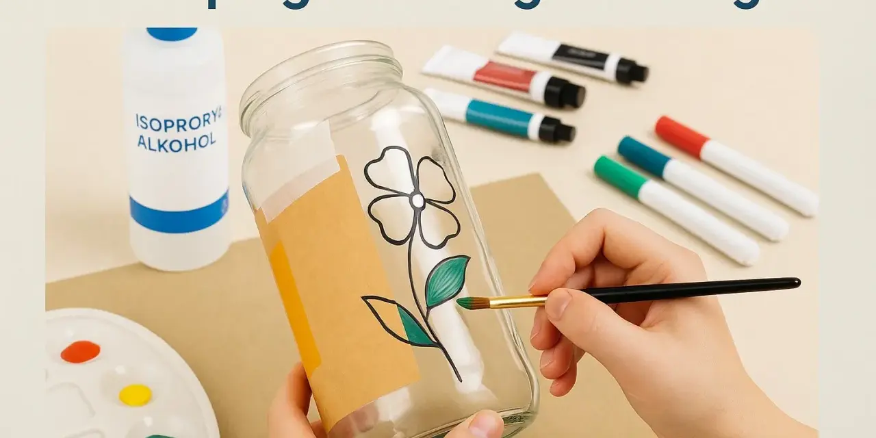 En hand målar en blomma på ett glas med en pensel. Material som isopropanol och färgpennor ligger bredvid.
