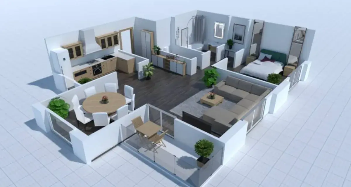 Un progetto di casa moderna con cucina, soggiorno, camera da letto e bagno, ideato con intelligenza artificiale per arredare casa.