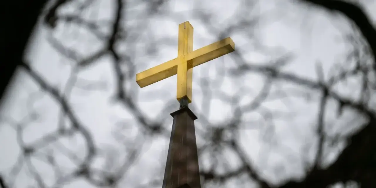 Goldenes Kreuz auf Kirchturmspitze, umrahmt von Ästen. Gedanken an die Kirchensteuer reduzieren.