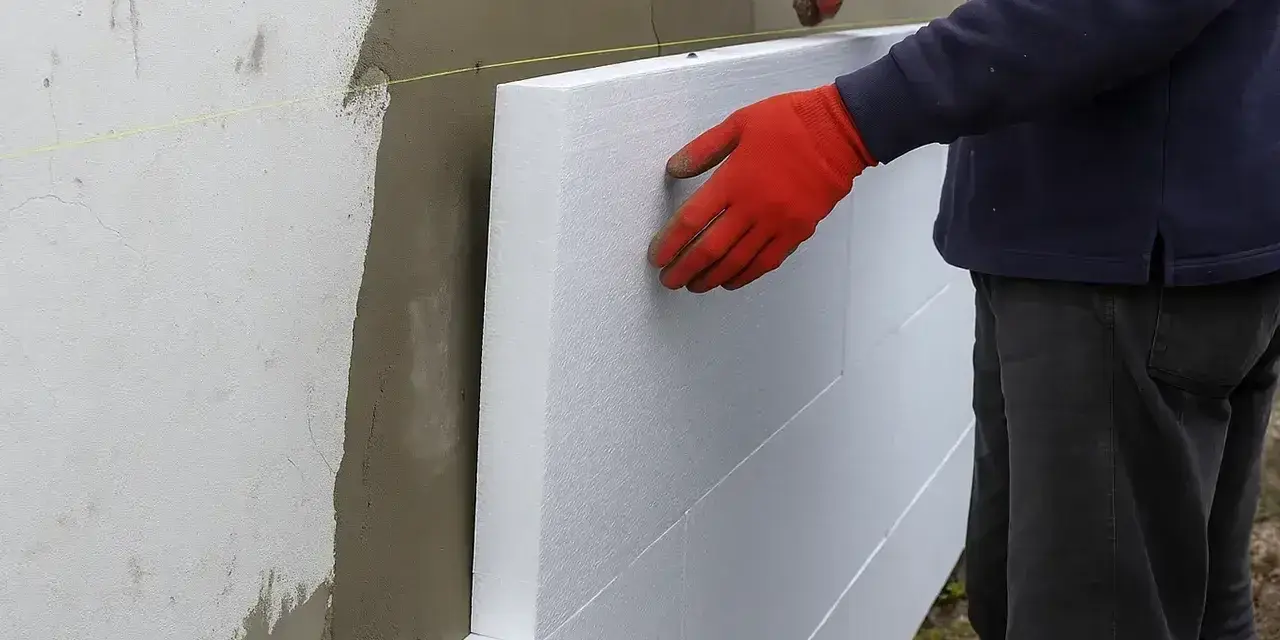 Pracownik w czerwonych rękawicach montuje styropian na ścianie. Zastanawiasz się, ile kosztuje ocieplenie domu 200m2?