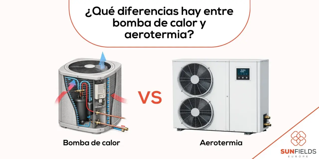 Comparativa visual de una bomba de calor y un sistema de aerotermia, explicando la diferencia entre ambos.