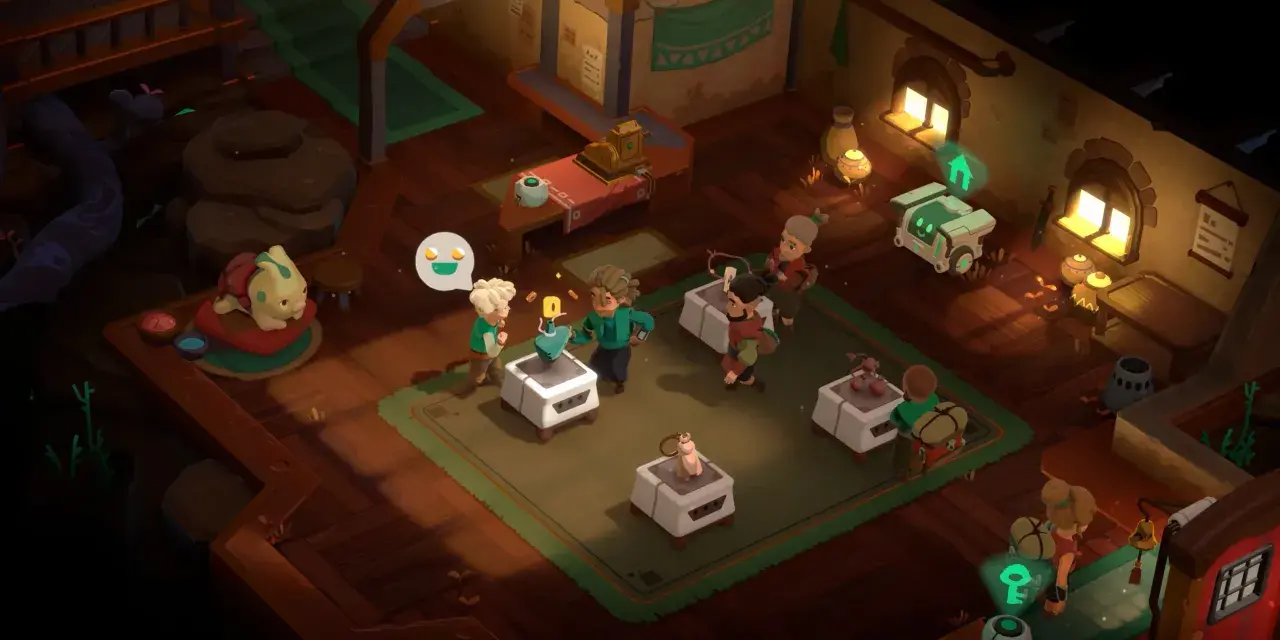 Personajes interactúan en una tienda de **Moonlighter 2**. Un pequeño robot sonriente se acerca a un cliente.