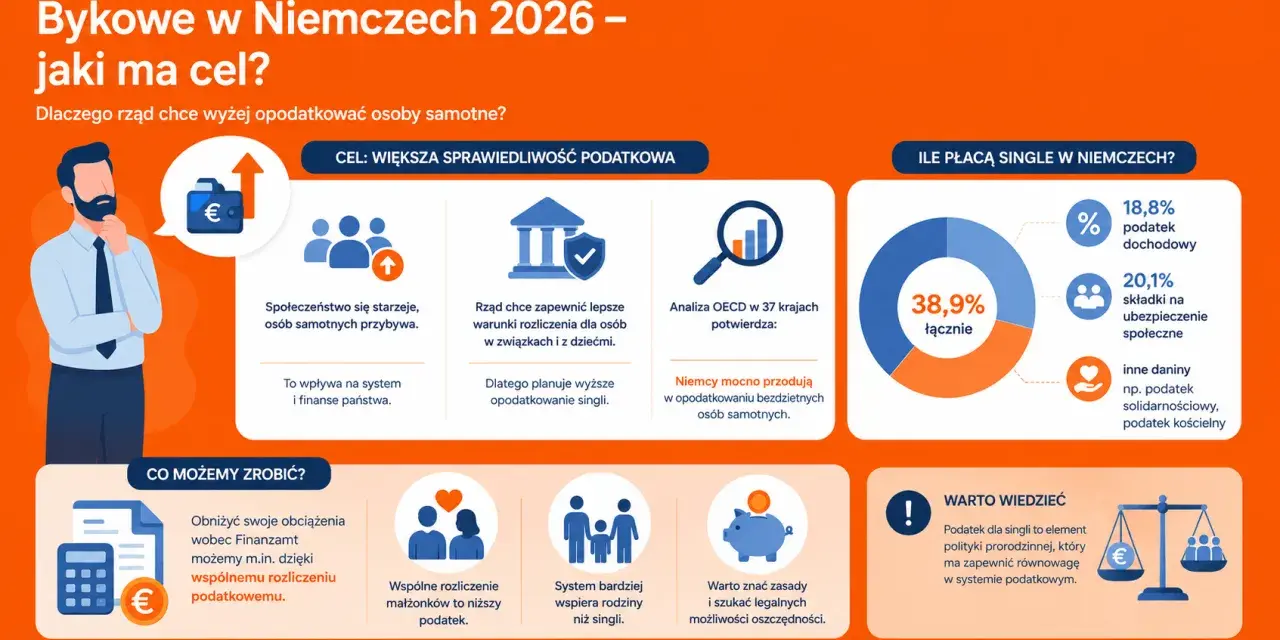 Podatki w Niemczech 2026: rząd chce wyżej opodatkować singli, by zapewnić równowagę w systemie podatkowym. Analiza OECD potwierdza, że Niemcy przodują w opodatkowaniu osób samotnych.