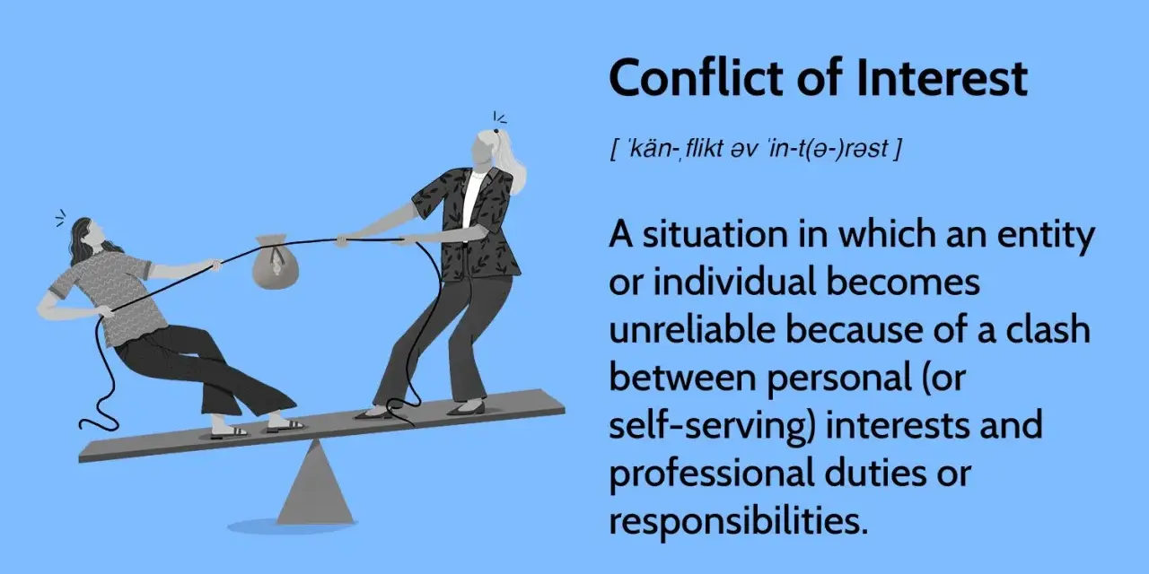 Two people on a seesaw pull a bag of money, illustrating conflict of interest policy examples.