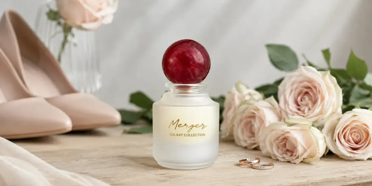 Eleganckie perfumy na ślub, obok róż i obrączek. Idealny zapach na ten wyjątkowy dzień.