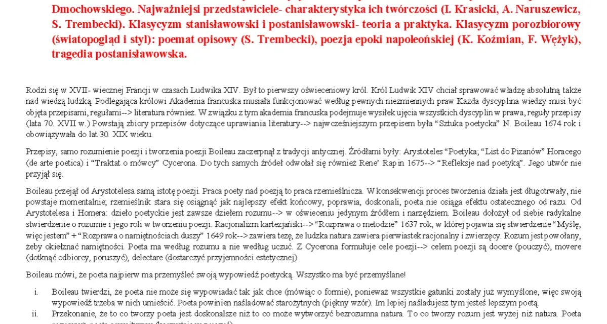 Klasycyzm w literaturze i sztuce polskiego oświecenia. Analiza estetyki, twórczości Krasickiego, Naruszewicza, Trembeckiego.