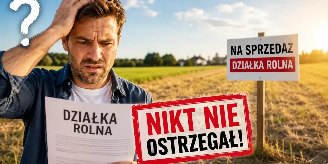 Zdezorientowany mężczyzna trzyma dokument "Działka rolna" na tle pola. Obok znak "Na sprzedaż działka rolna" i czerwony napis "Nikt nie ostrzegał!". Teren zabudowany.