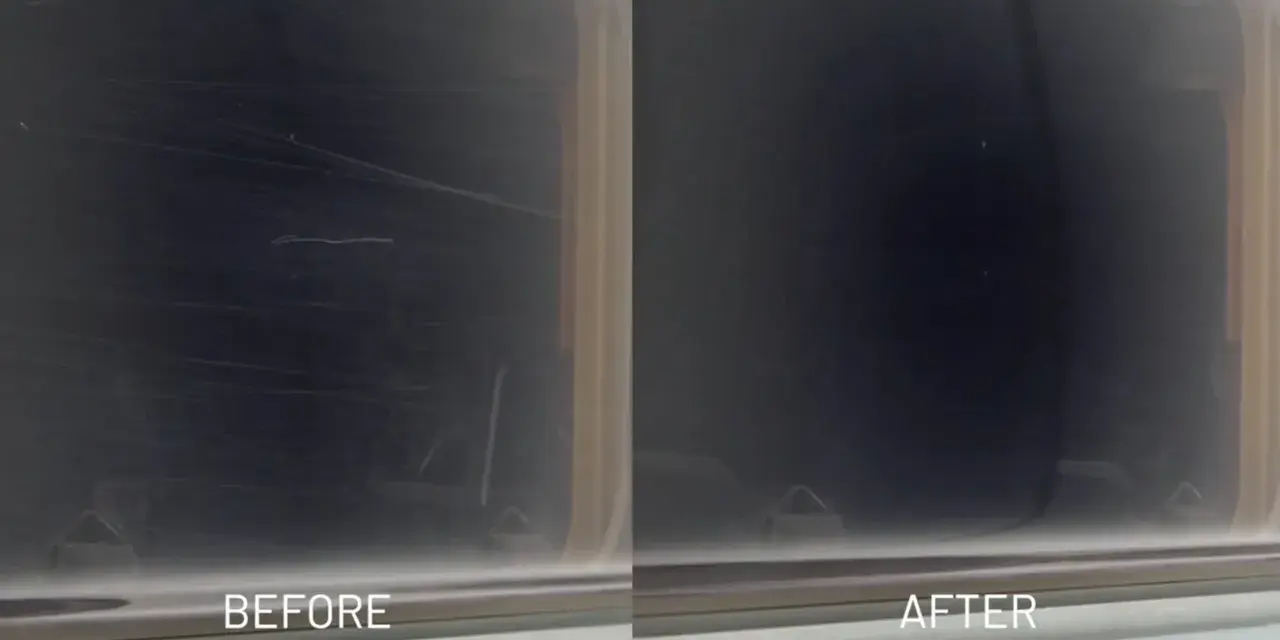 Before and after comparison of a scratched acrylic surface. The "before" shows many scratches, proving acrylic can scratch easily. The "after" shows a smooth, clear surface.