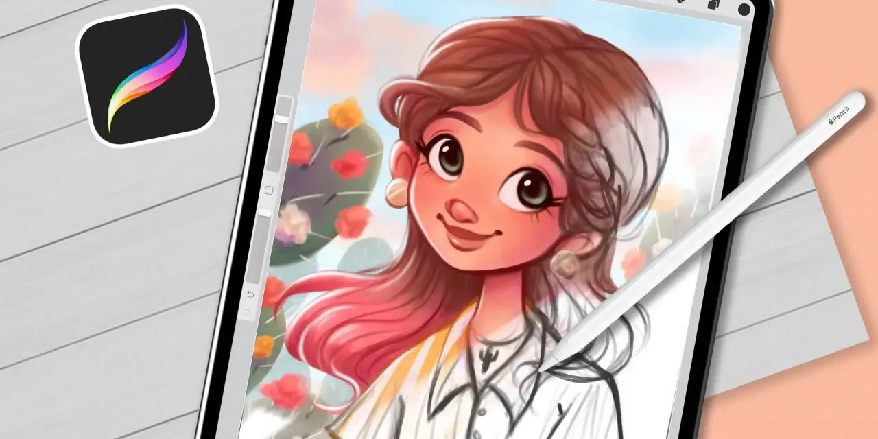 Ilustracja dziewczyny w stylu kreskówkowym, tworzona na tablecie z użyciem Apple Pencil. Ikona Procreate sugeruje, że to materiał do nauki: kurs Procreate.