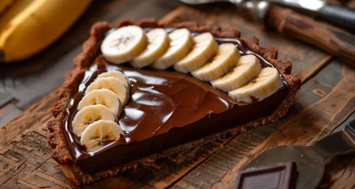 Une part de tarte banane chocolat, garnie de rondelles de banane fraîche sur une ganache onctueuse, sur un fond en bois rustique.