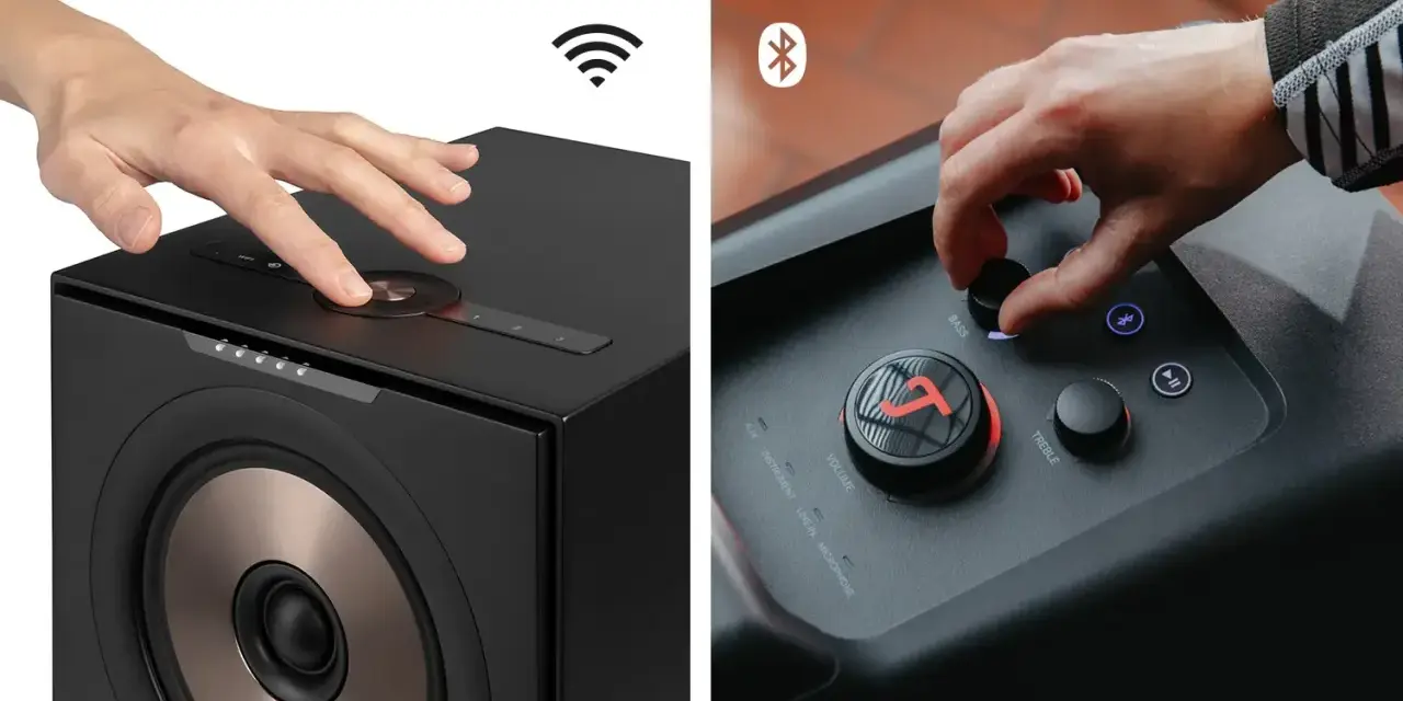 Hände bedienen Lautsprecher. Ein Lautsprecher zeigt ein WLAN-Symbol, der andere ein Bluetooth-Symbol. So funktioniert Bluetooth: kabellose Verbindung für Musik.