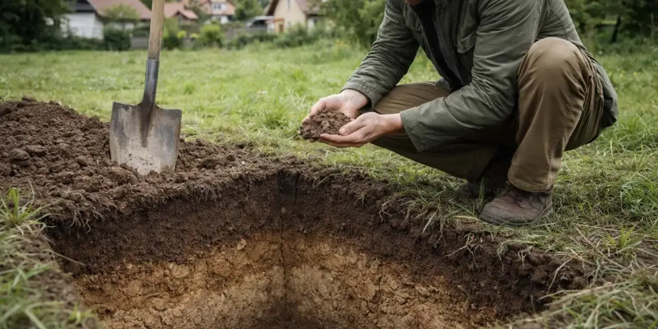 Mężczyzna w okopach analizuje próbki ziemi, wykonując badania geologiczne. Obok stoi łopata.