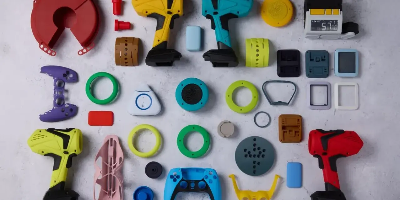 A vibrant collection of components, likely from a color resin 3D printer project, including tool-like objects, game controller parts, and various geometric shapes.