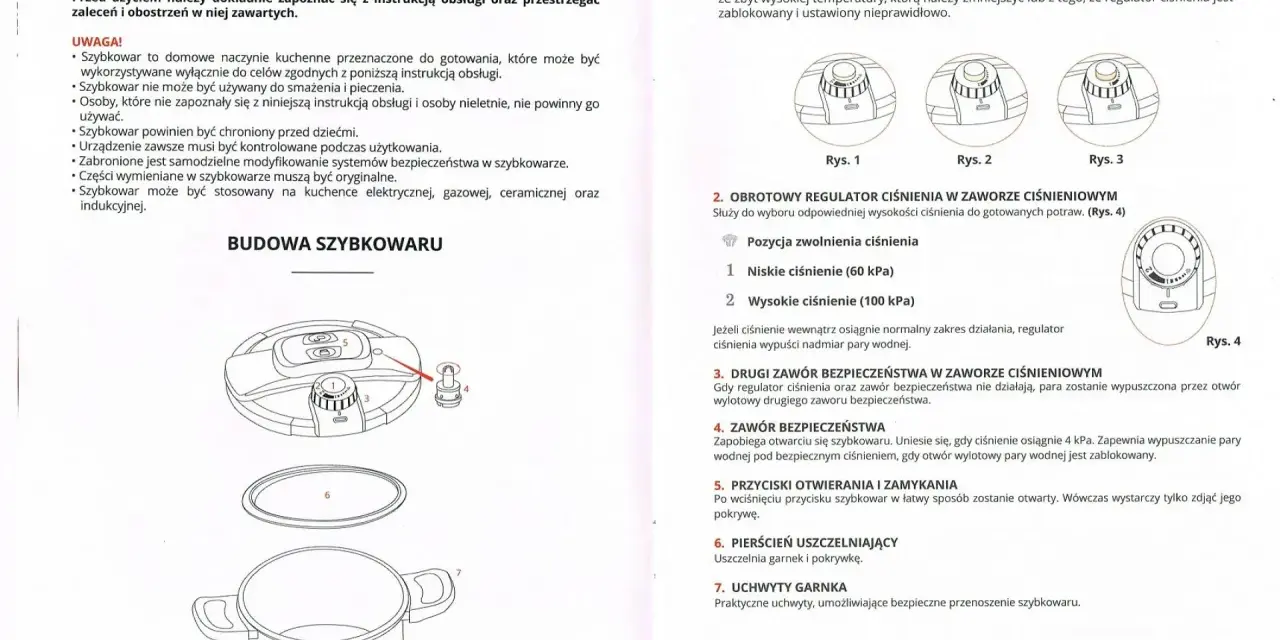 Tabela czasów gotowania w szybkowarze: wskaźnik ciśnienia, regulator ciśnienia, zawory bezpieczeństwa, przyciski otwierania i zamykania, pierścień uszczelniający, uchwyty garnka.