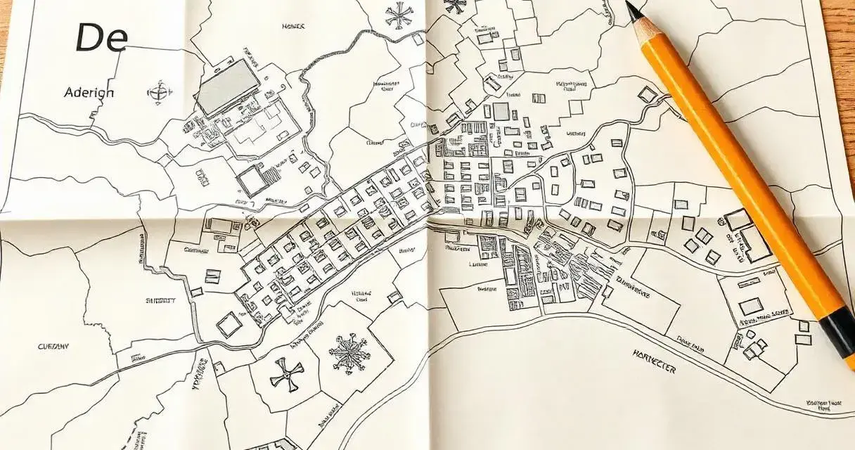 Mapa zasadnicza działki przedstawia szczegółowy plan miasta z budynkami, drogami i rzeką. Obok leży żółty ołówek.