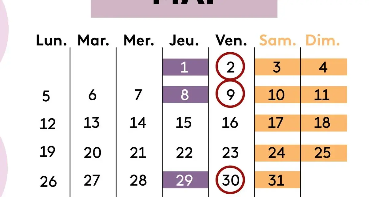 Calendrier du mois de mai. Les dates du 2, 9 et 30 sont entourées, peut-être pour marquer des jours de vacances scolaires en Europe.