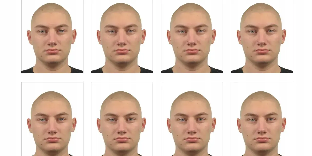 Osiem identycznych zdjęć młodej osoby z krótkimi włosami. Zastanawiasz się, ile kosztuje zdjęcie do dowodu?