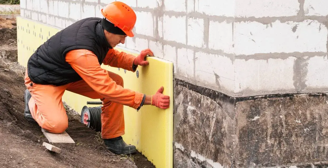 Budowlaniec układa izolację na nierównych fundamentach. Jak zaizolować stare nierówne fundamenty? To klucz do ochrony domu.