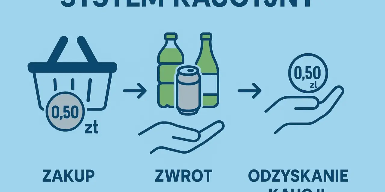 System kaucyjny: zakup z koszykiem i 0,50 zł, zwrot butelek i puszki, odzyskanie kaucji 0,50 zł.