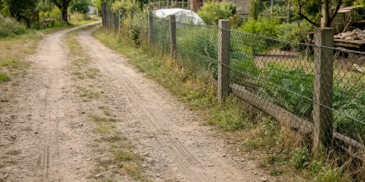 Droga wewnętrzna biegnie wzdłuż siatkowego ogrodzenia, wyznaczając minimalną odległość od granicy działki.