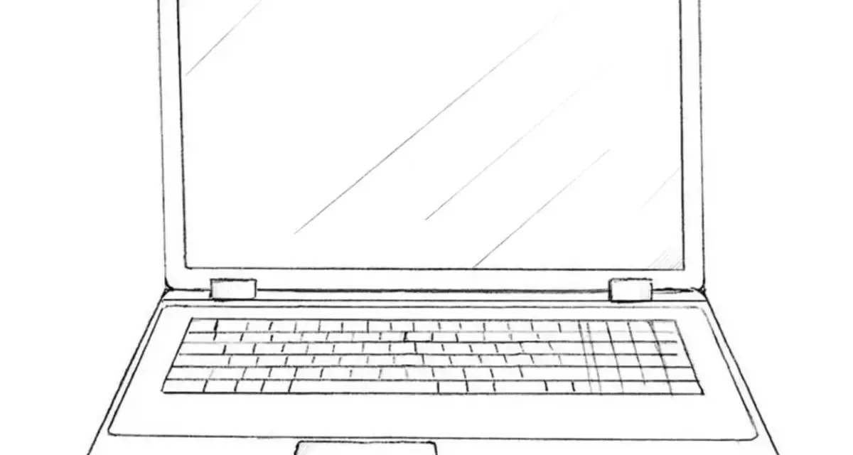Szkic przedstawia otwartego laptopa z klawiaturą i ekranem. Prosty rysunek, jak narysować laptopa krok po kroku.
