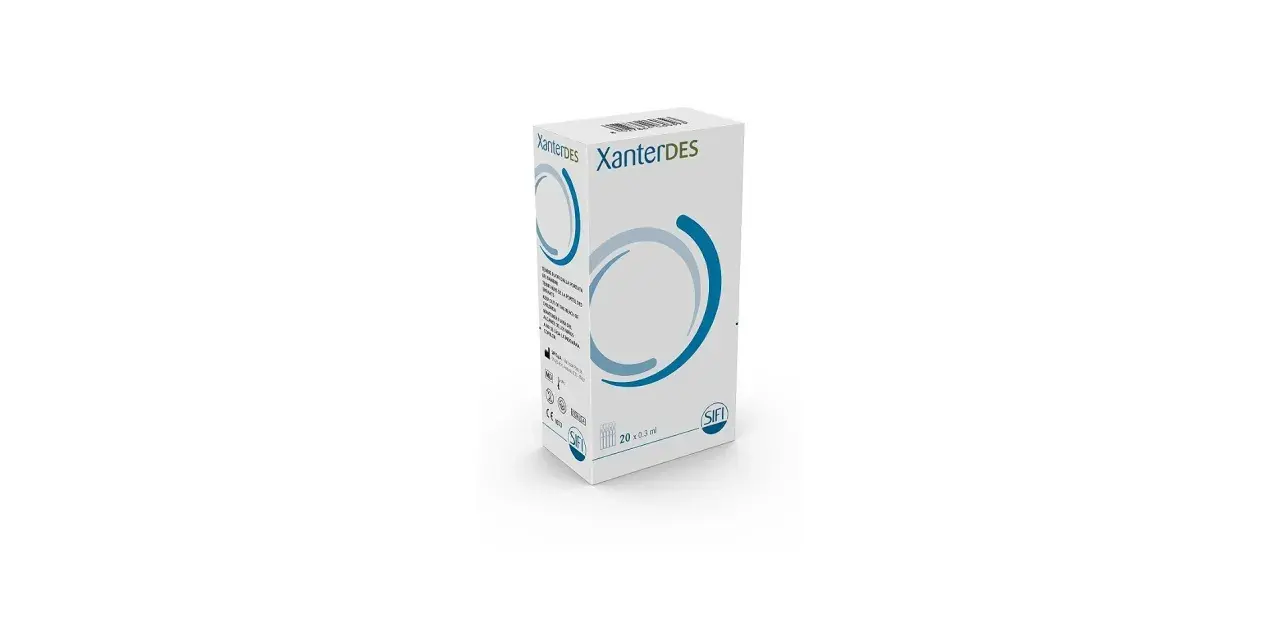 Scatola di collirio Xanterdes, utile per il benessere oculare. Contiene 20 flaconcini da 0,3 ml.