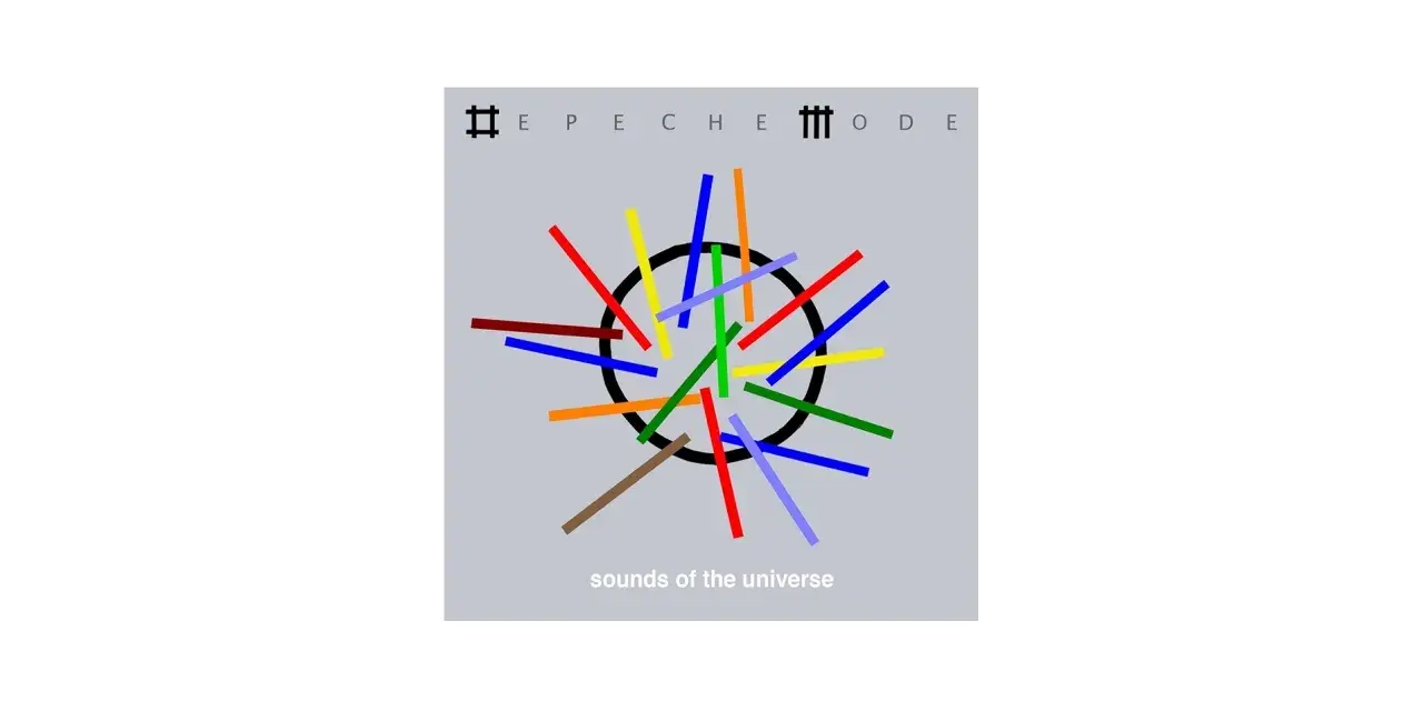 Kolorowe linie wirują wokół czarnego okręgu, tworząc wizualizację "sounds of the universe". Nad nimi logo Depeche Mode.