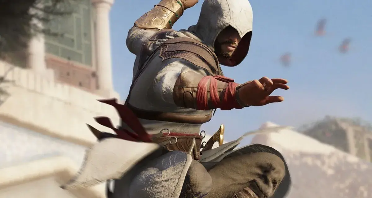 Basim, listo para la acción, con su hoja oculta lista. Los trofeos de Assassin's Creed Mirage esperan a los jugadores.