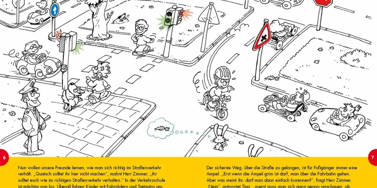 Kinder lernen im Straßenverkehr, wie sie sich richtig verhalten. Ein Polizist erklärt die Regeln, während Kinder mit Tretautos und Fahrrädern üben.