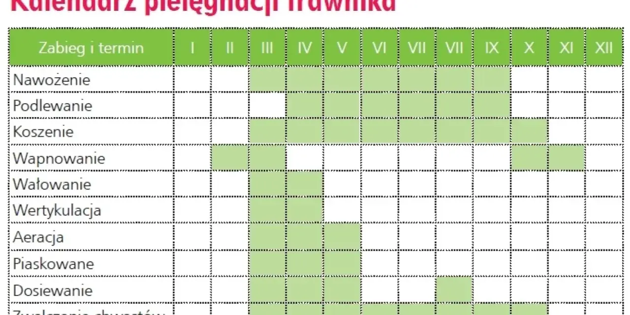 Kalendarz pielęgnacji trawnika: nawożenie, podlewanie, koszenie, wapnowanie, wałowanie, wertykulacja, aeracja, piaskowanie, dosiewanie i zwalczanie chwastów w poszczególnych miesiącach.