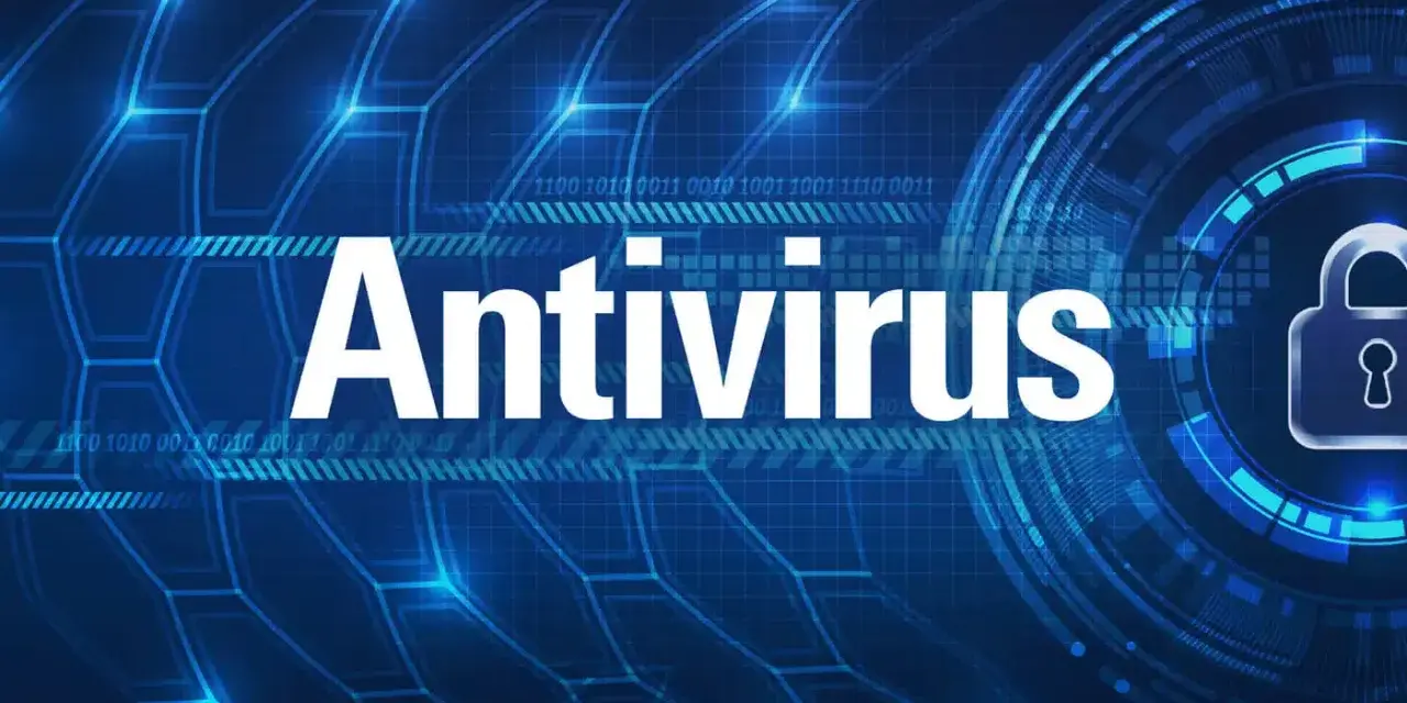 Cyfrowy świat chroniony przez antywirus z VPN. Grafika z hasłem "Antivirus" i symbolem kłódki.