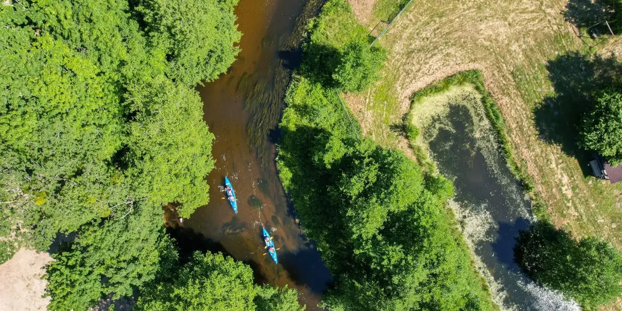 Dwie kajaki płyną rzeką pośród zieleni. To wspaniałe **Kociewie atrakcje** dla miłośników przyrody i aktywnego wypoczynku.