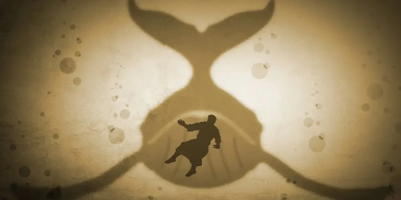 A silhouette of a man falls into the mouth of a giant whale, a classic sign of Jonah's story.
