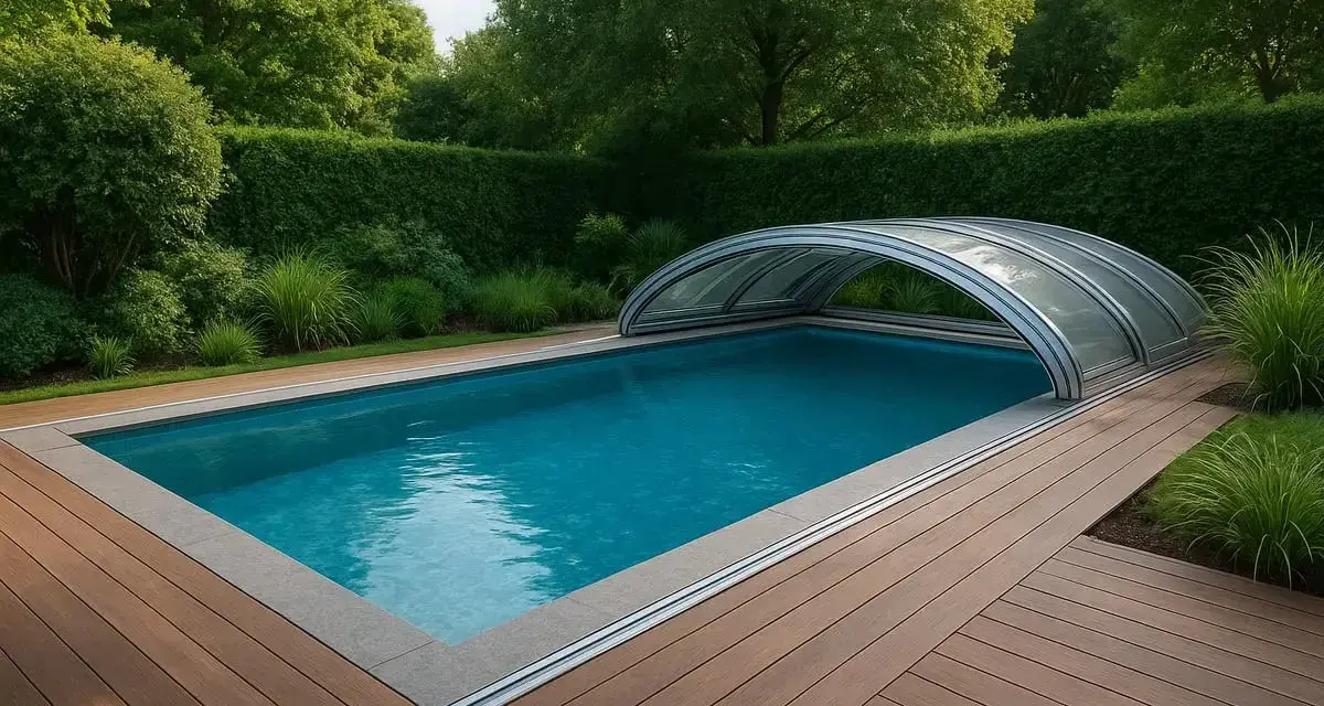 En pool med tak i en lummig trädgård. Taket kan vara en investering som minskar pool kostnad för uppvärmning och underhåll.