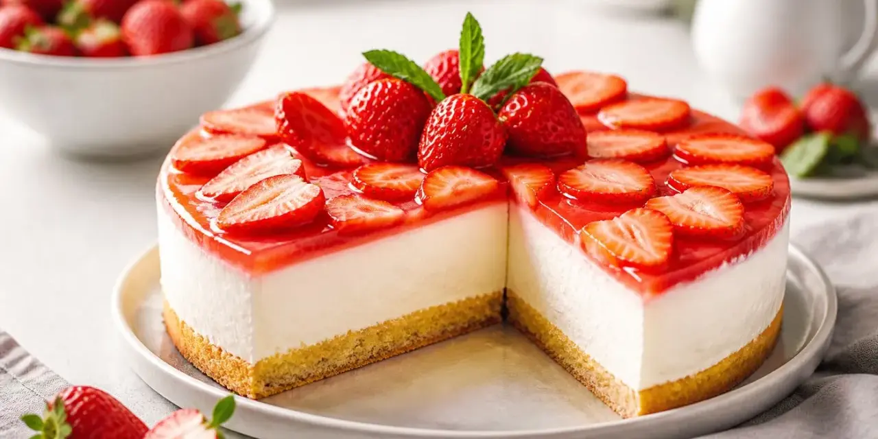 Eine köstliche Torte mit Fruchtspiegel, belegt mit frischen Erdbeeren und Minze. Ein Genuss für Augen und Gaumen!
