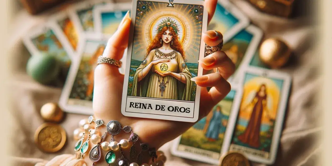 Mano sostiene carta "Reina de Oros", que significa la reina de oros en el tarot, rodeada de otras cartas y adornos dorados.
