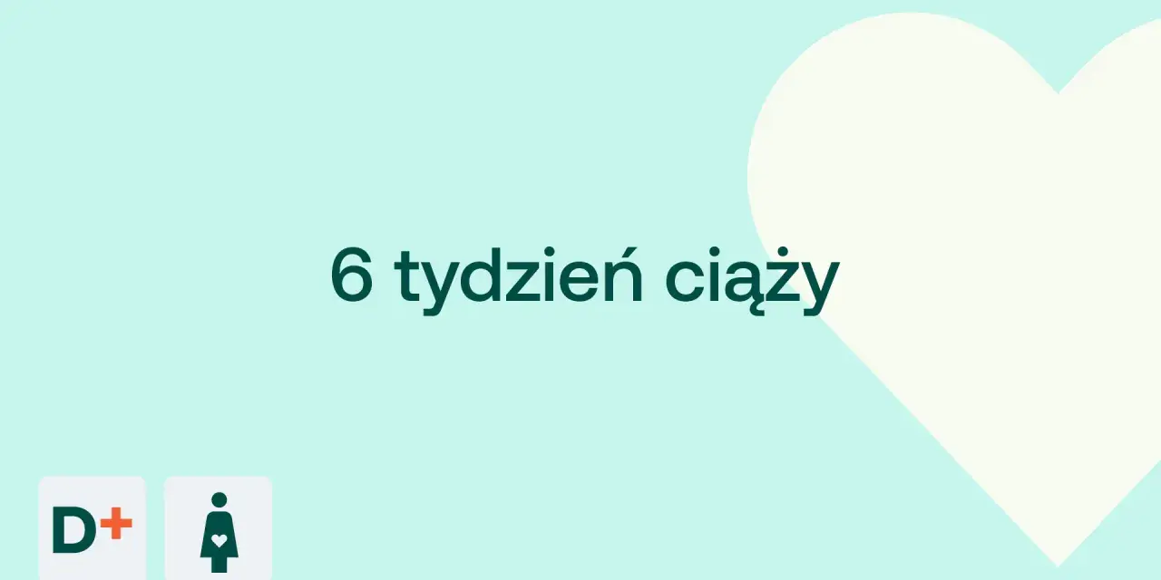 6 tydzień ciąży. Delikatne tło z sercem i ikonami D+ oraz kobiety w ciąży.