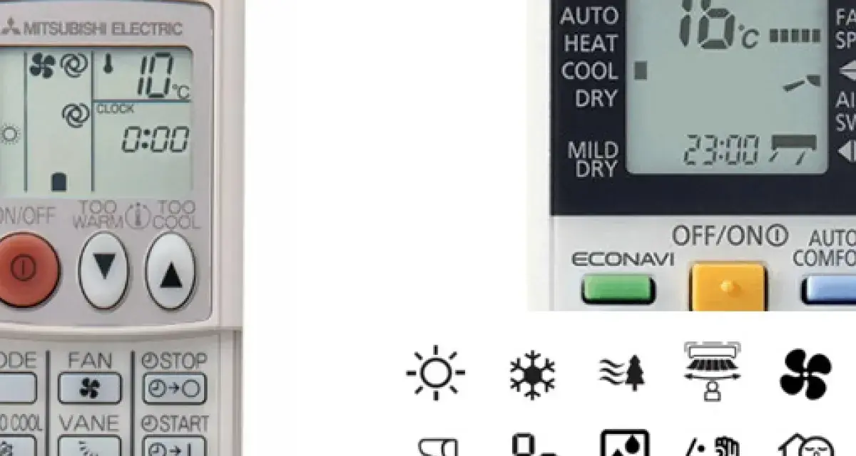 Mandos a distancia de aire acondicionado con varios símbolos. El mando de Mitsubishi muestra la temperatura y la hora. El otro mando muestra modos como AUTO, HEAT, COOL, DRY. Debajo, hay una fila de iconos que representan funciones del aire acondicionado.